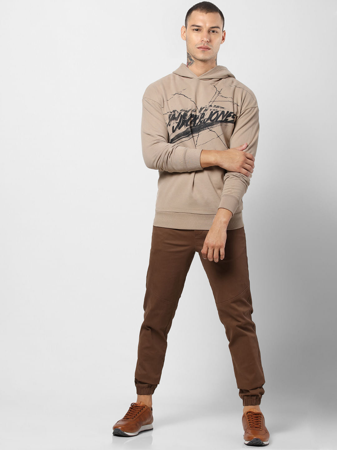 Light Brown Logo Print Hooded Sweatshirt - S
