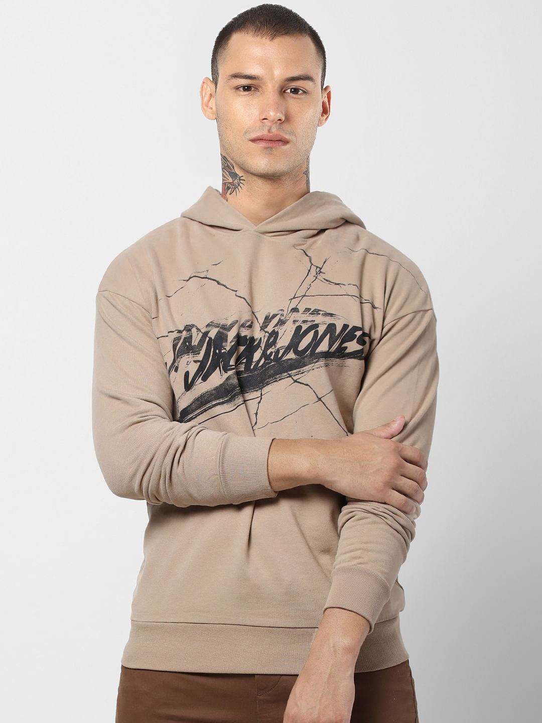 Light Brown Logo Print Hooded Sweatshirt