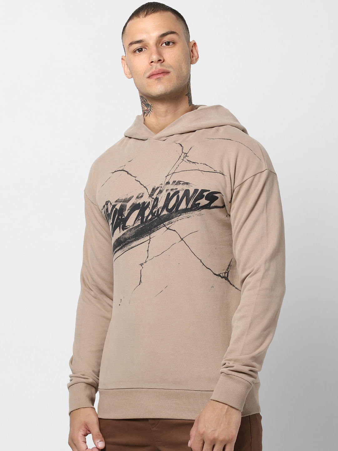 Light Brown Logo Print Hooded Sweatshirt