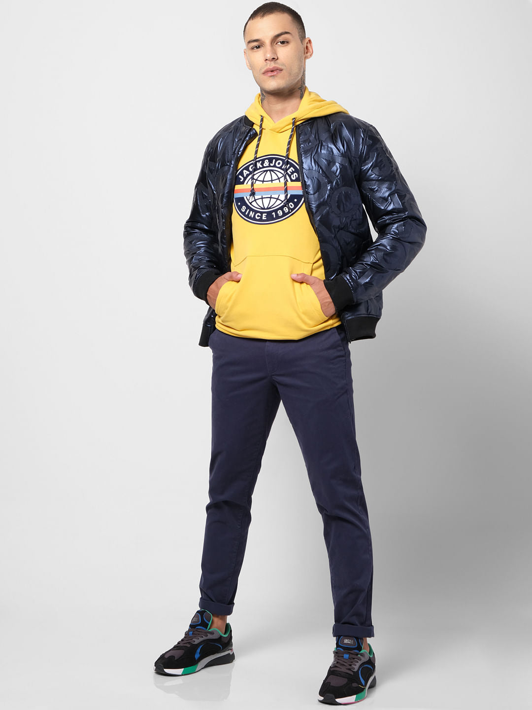 Yellow Logo Print Hooded Sweatshirt