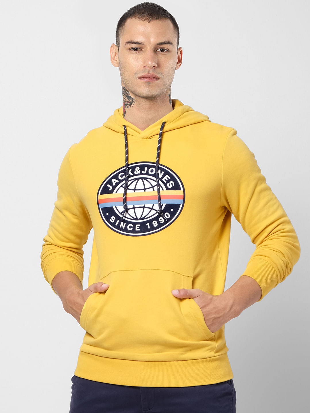 Yellow Logo Print Hooded Sweatshirt