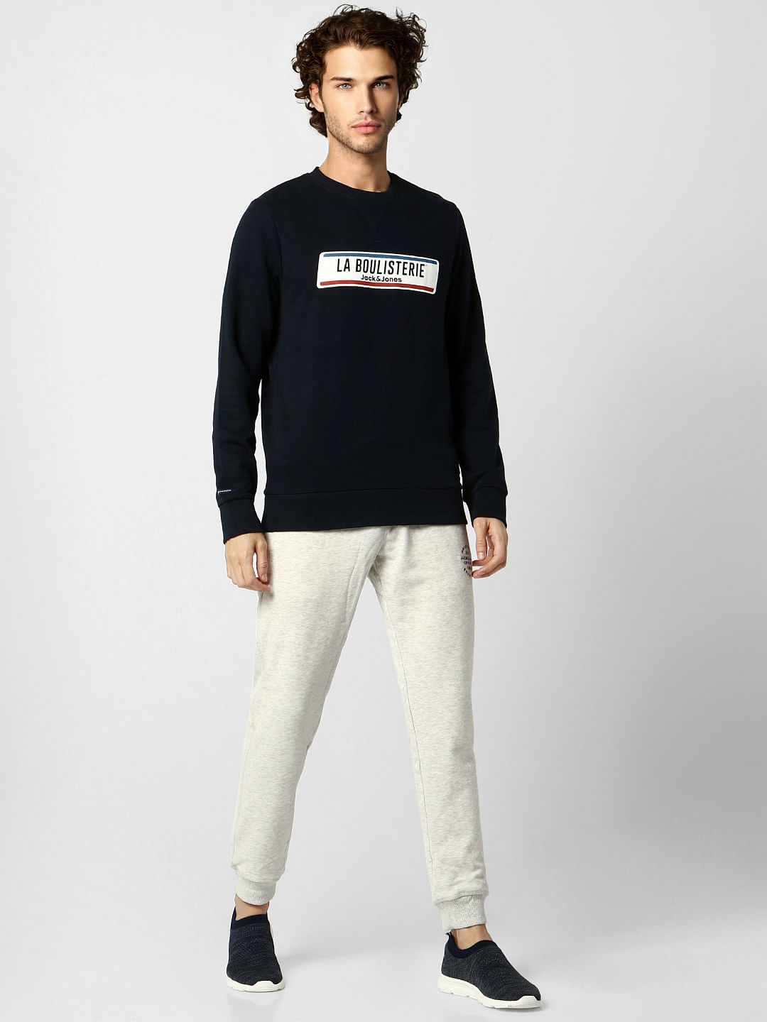 Navy Blue Text Print Sweatshirt - S