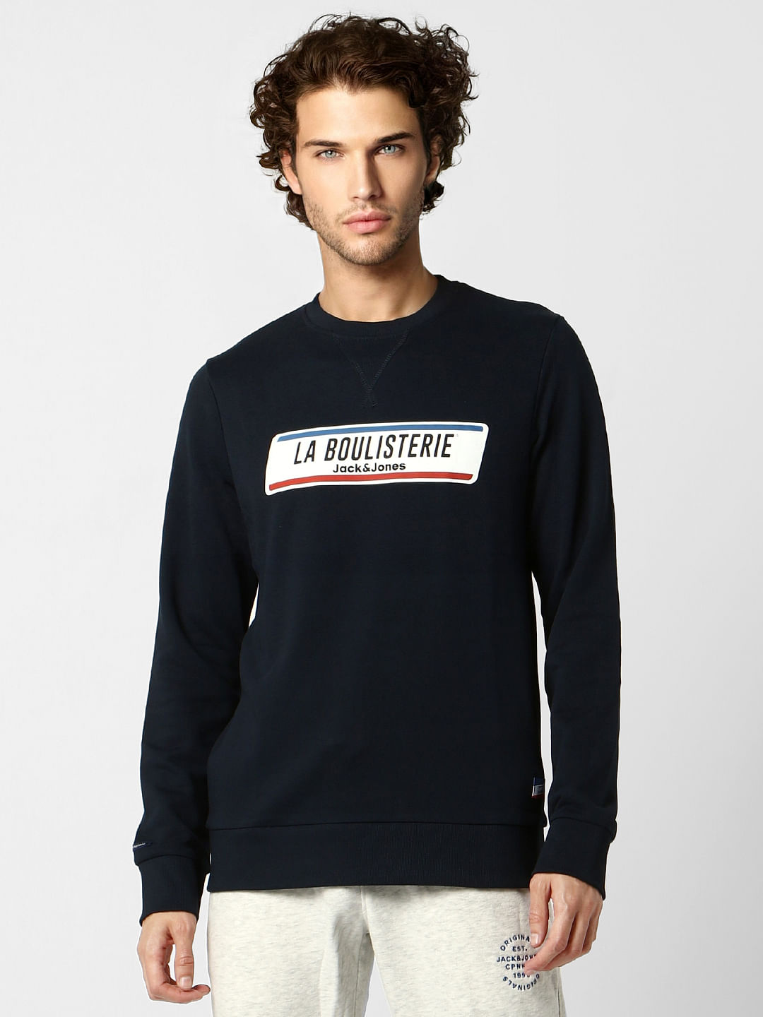 Navy Blue Text Print Sweatshirt