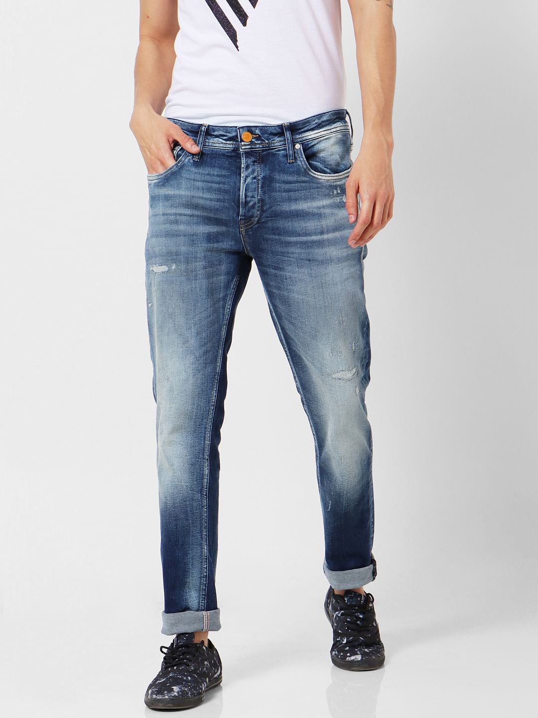 Dark Blue Mid Rise Ben Distressed Jeans