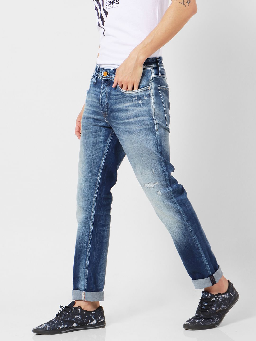 Dark Blue Mid Rise Ben Distressed Jeans