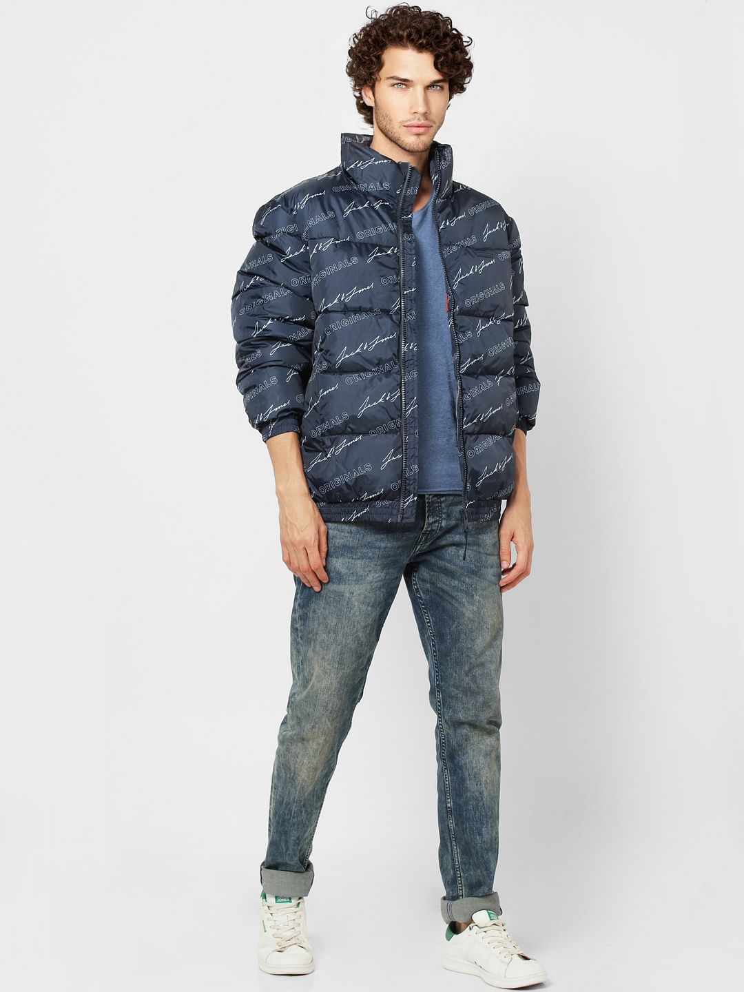 Blue Logo Print High Neck Puffer Jacket - S