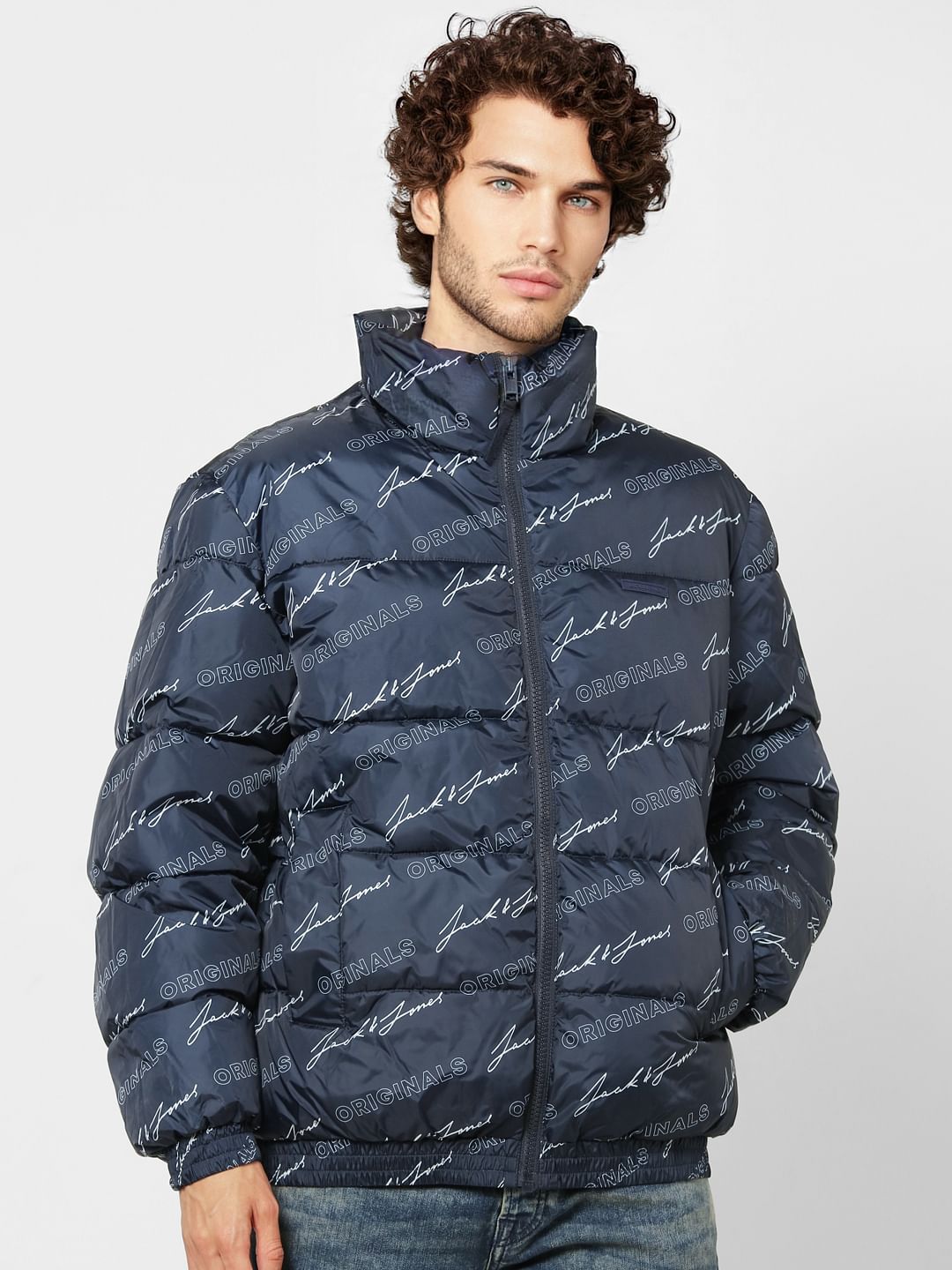 Blue Logo Print High Neck Puffer Jacket