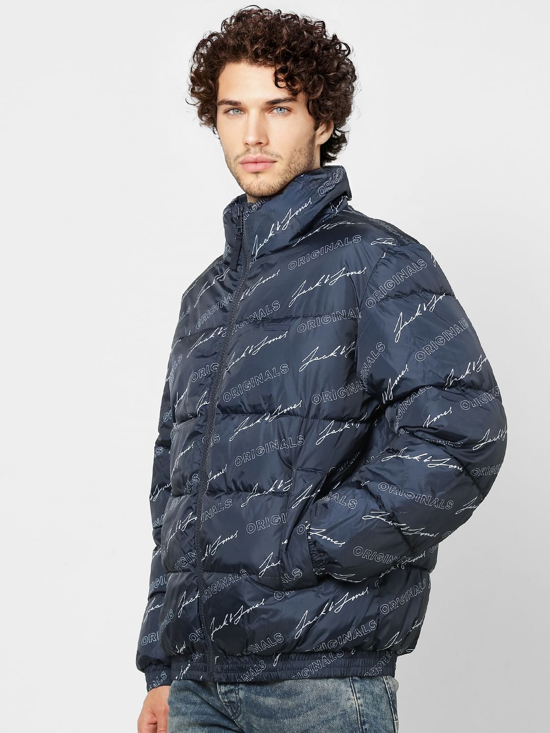 Blue Logo Print High Neck Puffer Jacket