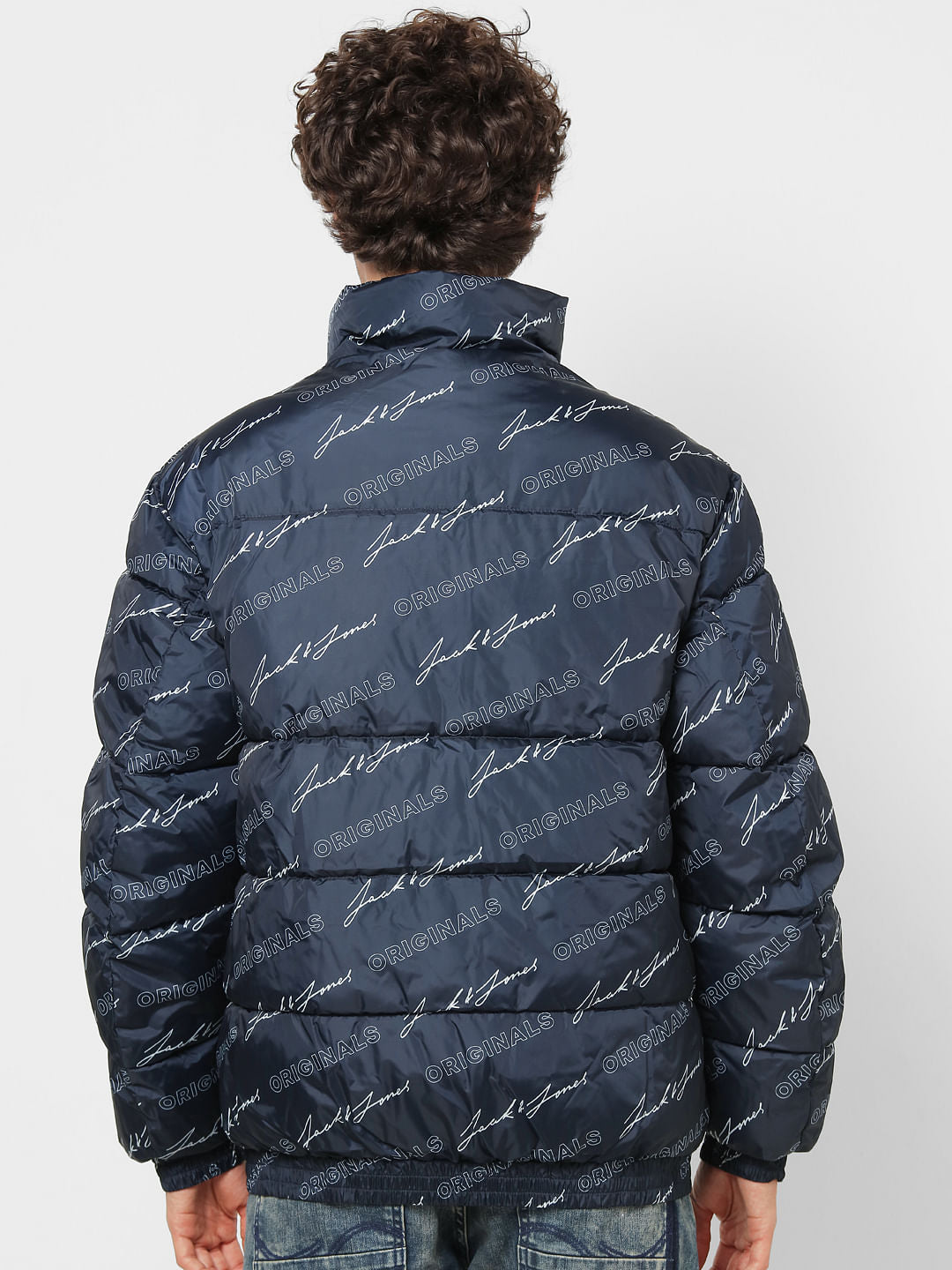 Blue Logo Print High Neck Puffer Jacket