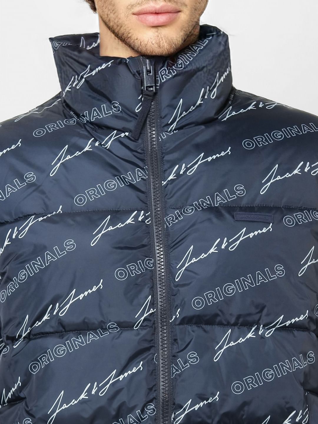 Blue Logo Print High Neck Puffer Jacket