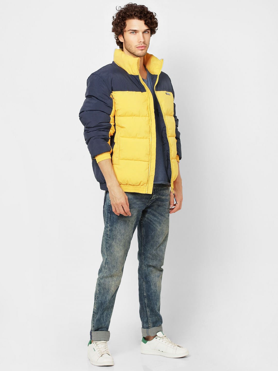 Yellow Colourblocked High Neck Puffer Jacket - S