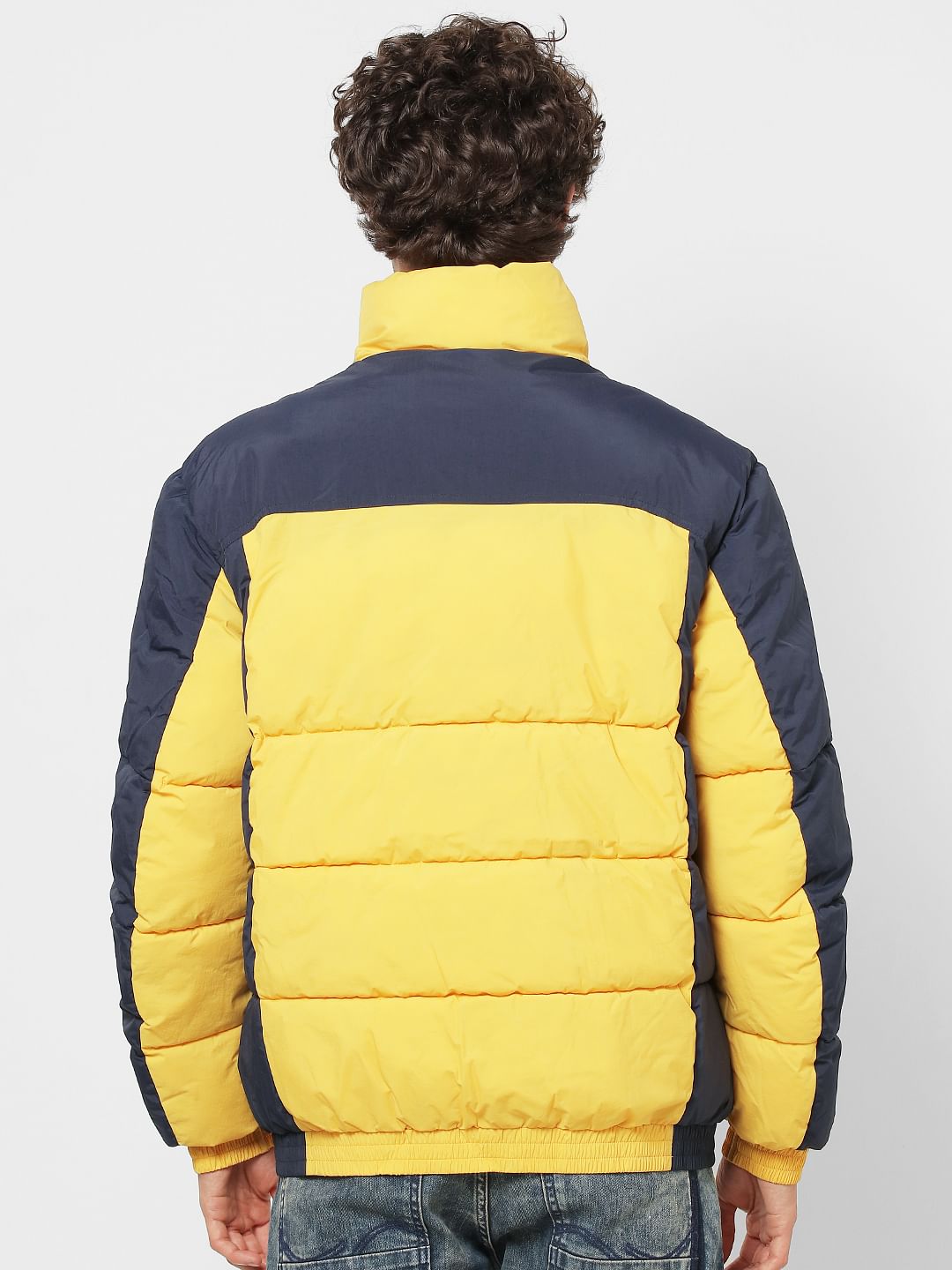 Yellow Colourblocked High Neck Puffer Jacket