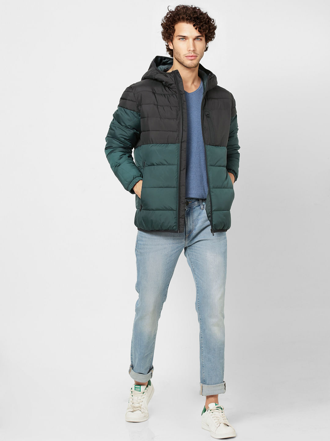 Green Colourblocked Hooded Puffer Jacket - S
