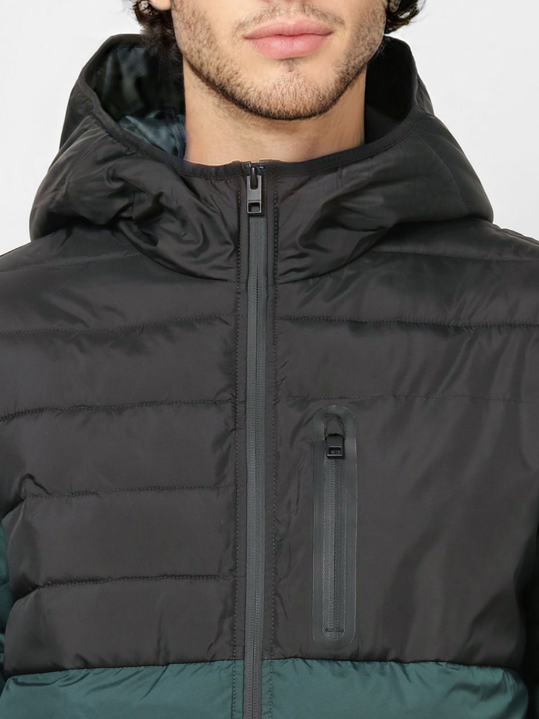 Green Colourblocked Hooded Puffer Jacket