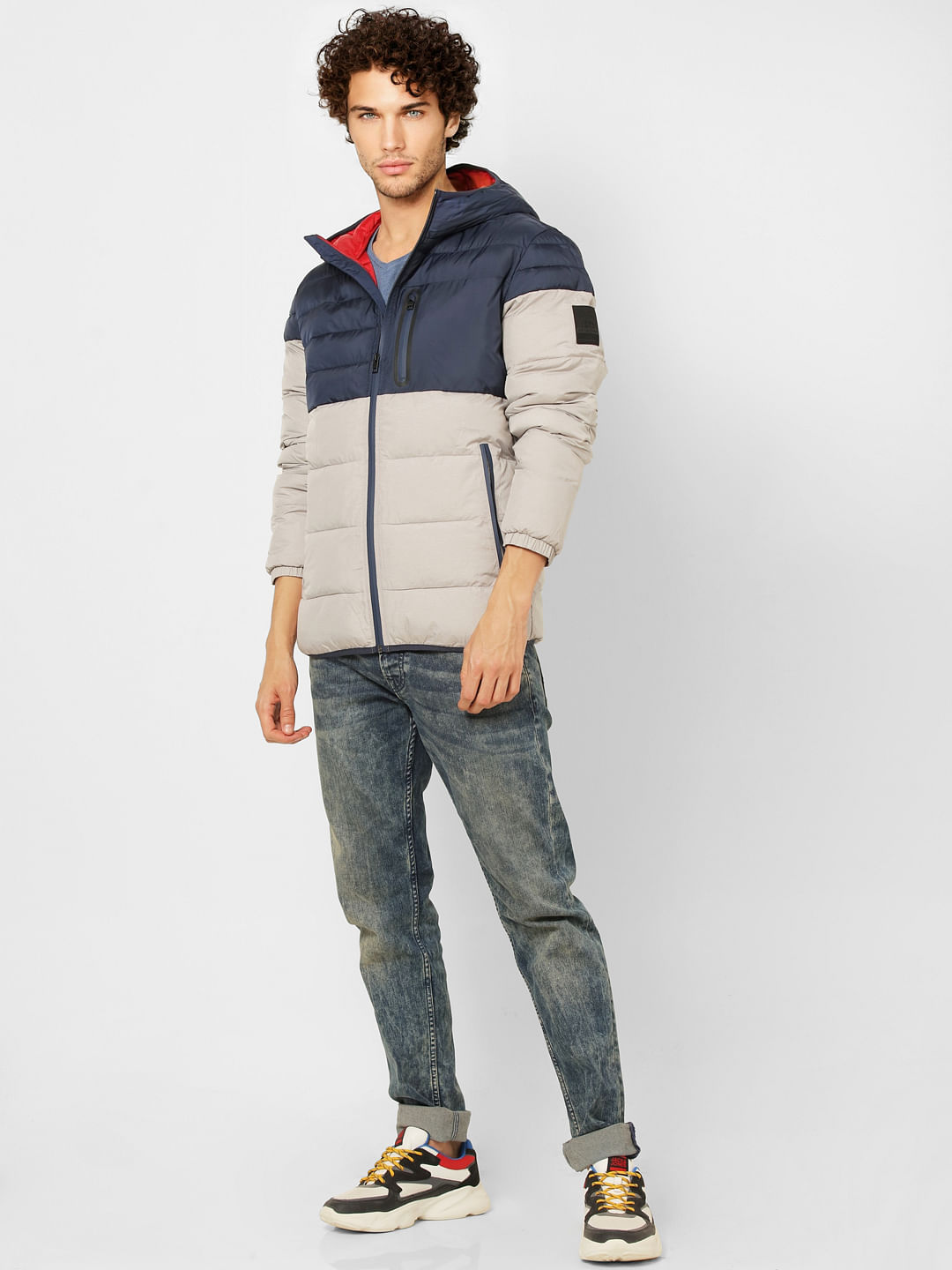 Grey Colourblocked Hooded Puffer Jacket