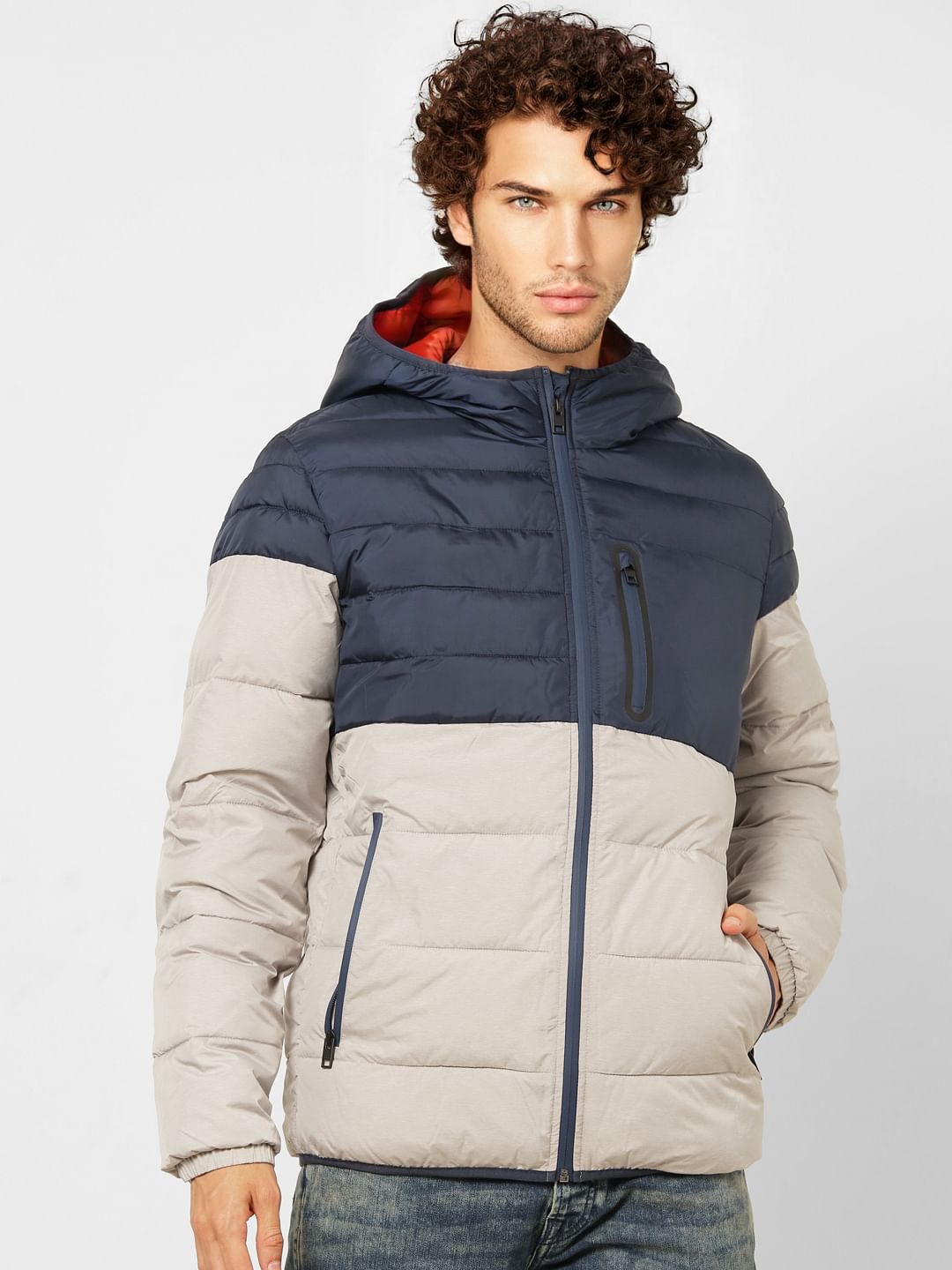 Grey Colourblocked Hooded Puffer Jacket