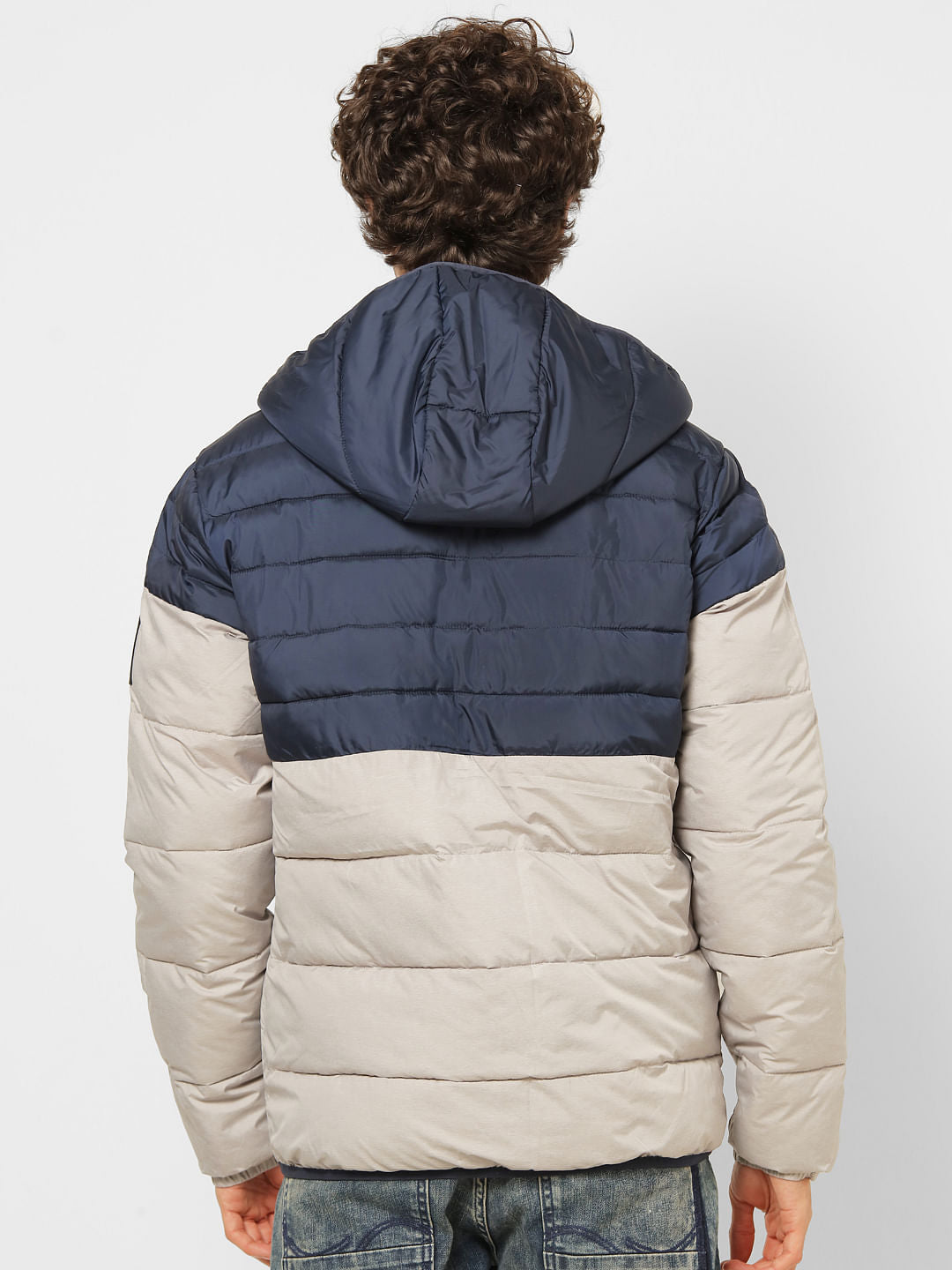 Grey Colourblocked Hooded Puffer Jacket