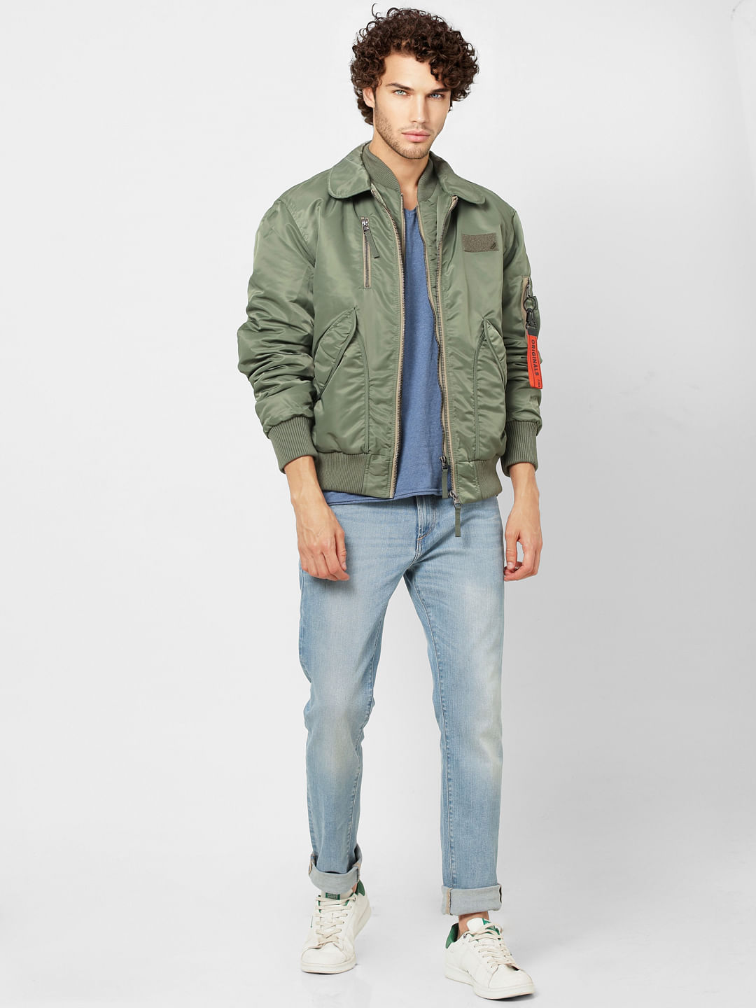 Green Zipped Pocket Bomber Jacket - S
