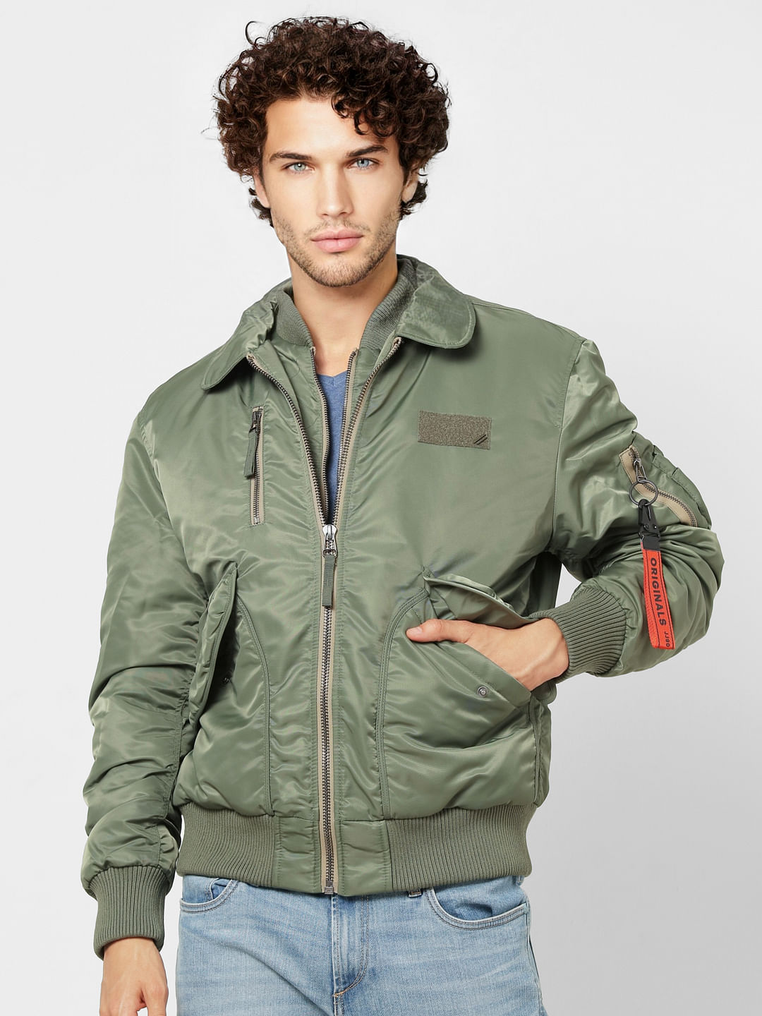 Green Zipped Pocket Bomber Jacket