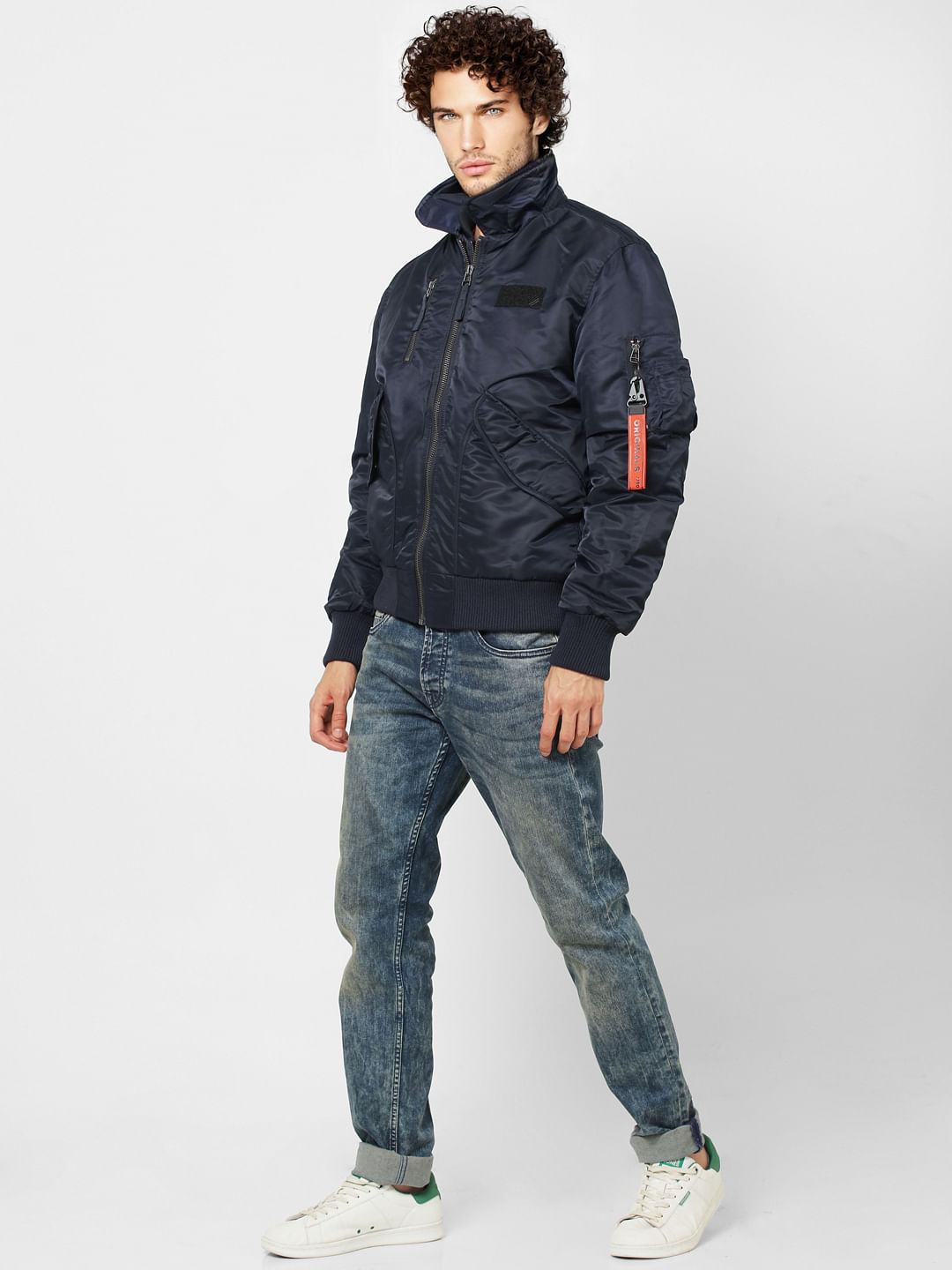 Navy Blue Zipped Pocket Bomber Jacket - S