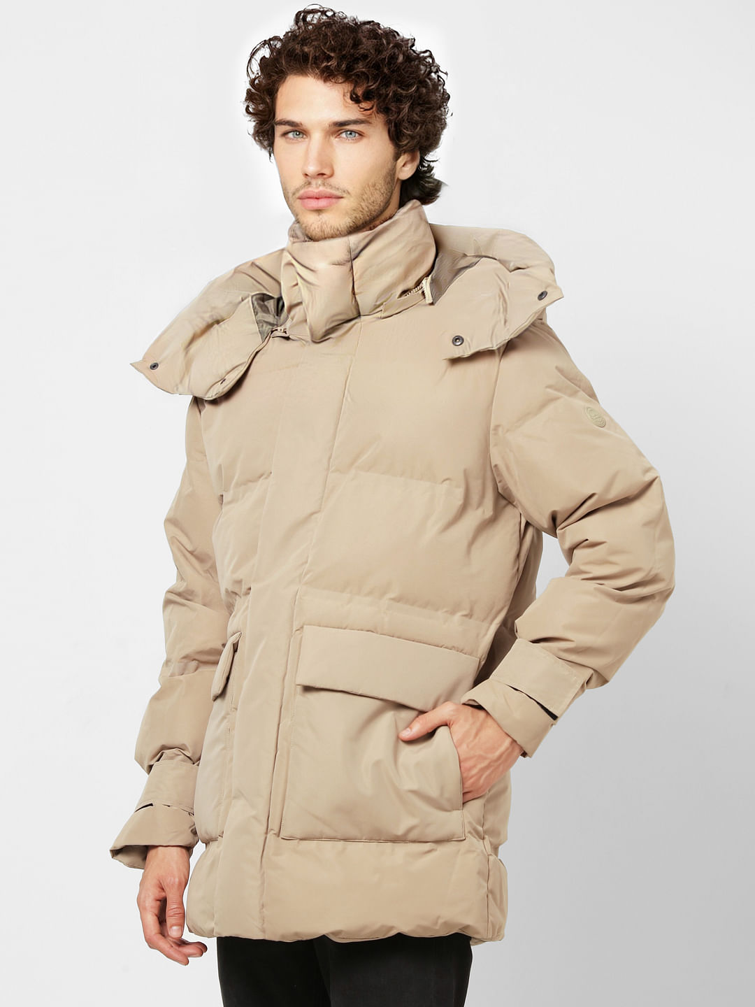 Beige Hooded Long Puffer Jacket