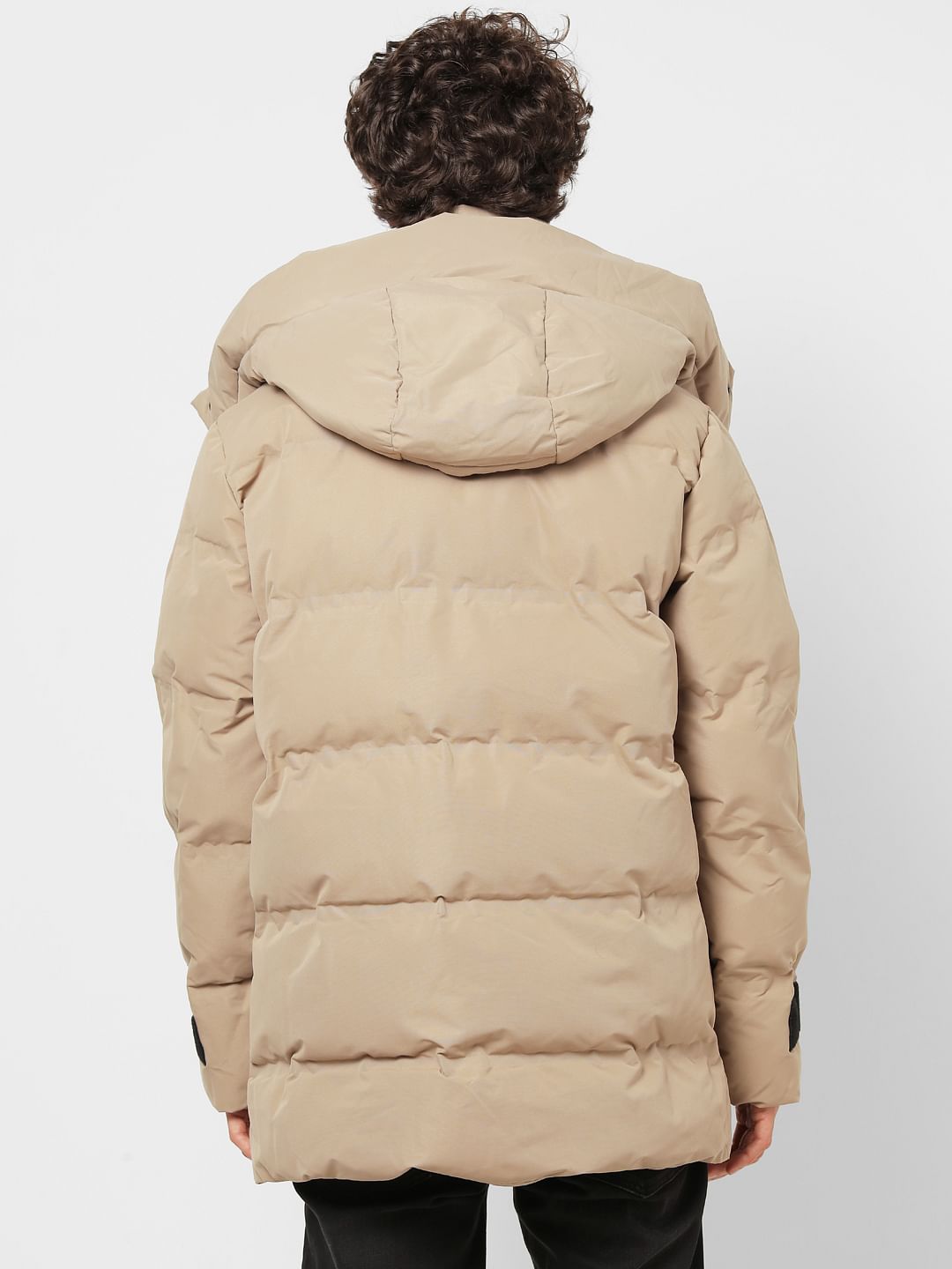 Beige Hooded Long Puffer Jacket