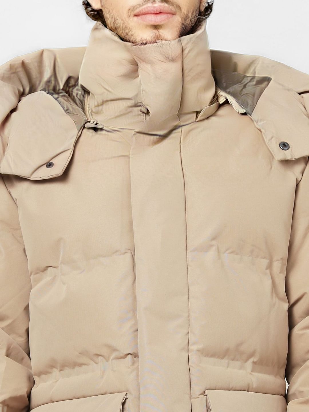 Beige Hooded Long Puffer Jacket