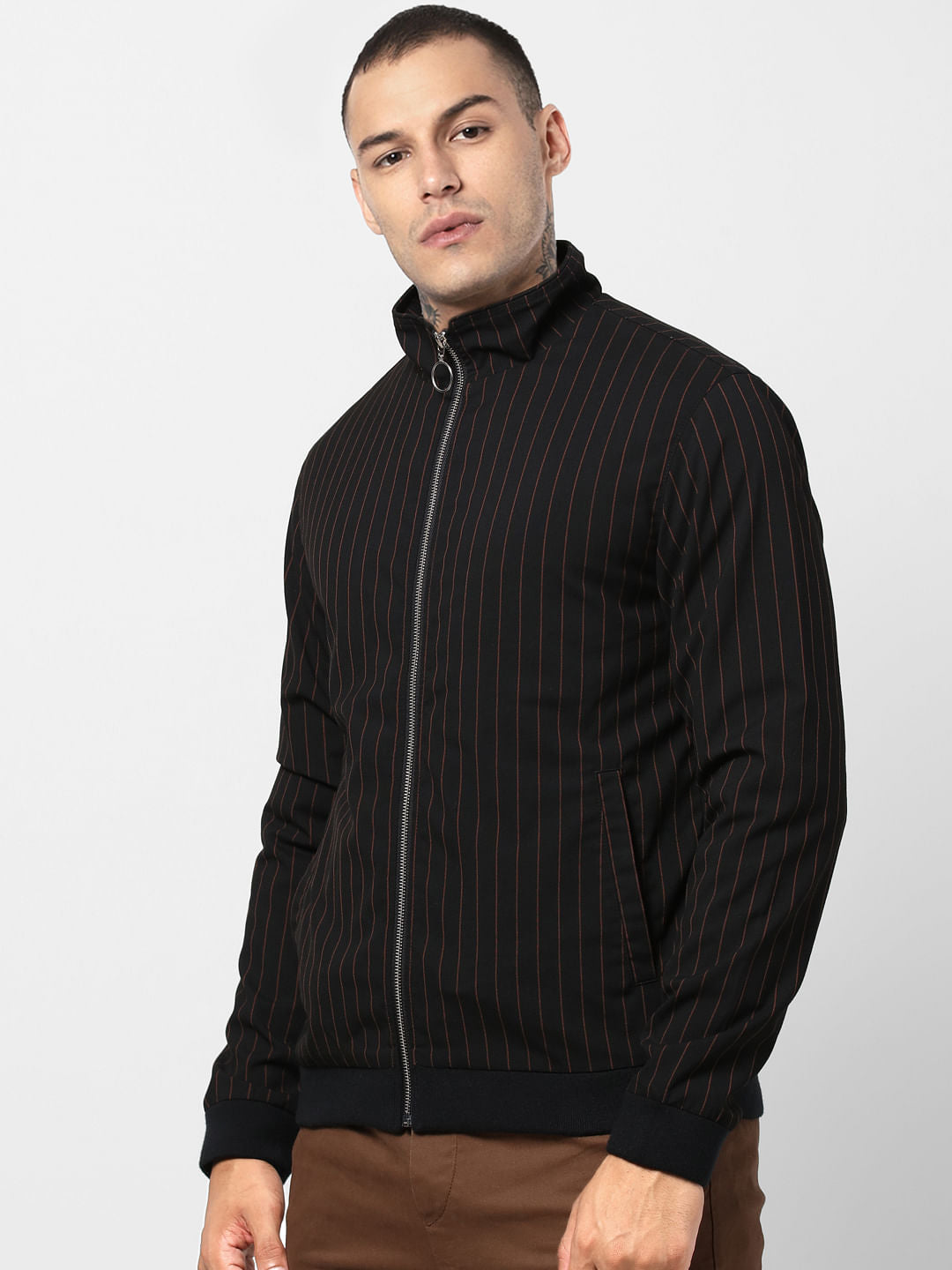 Black Striped High Neck Jacket