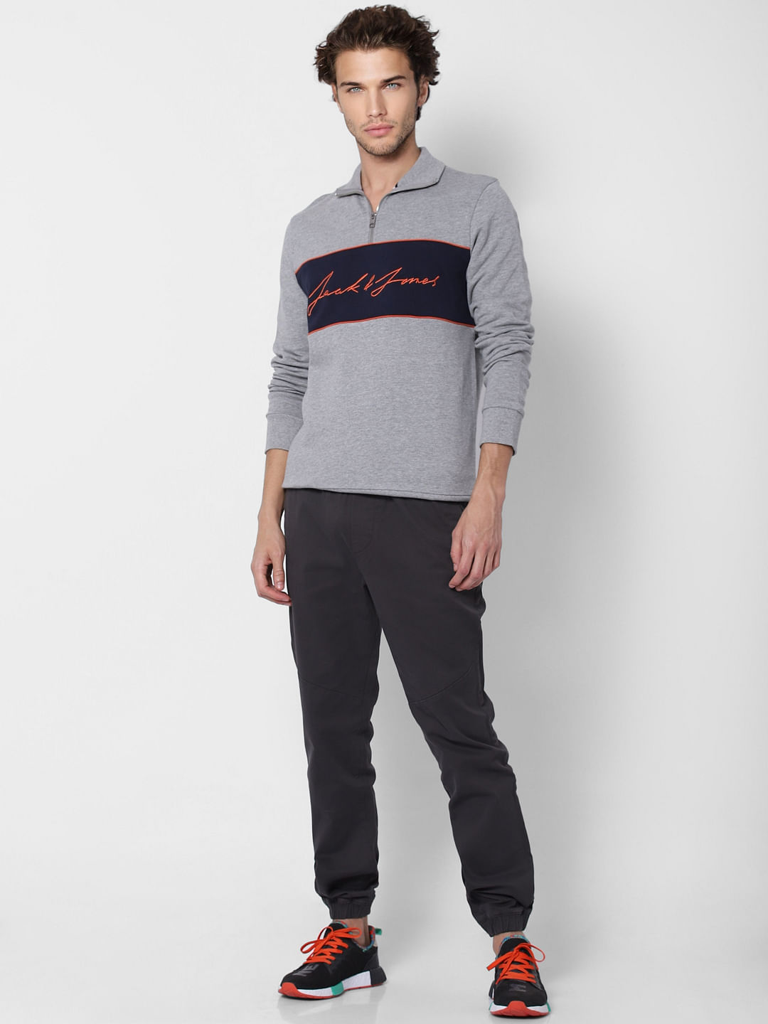 Grey Logo Print High Neck Sweatshirt - S