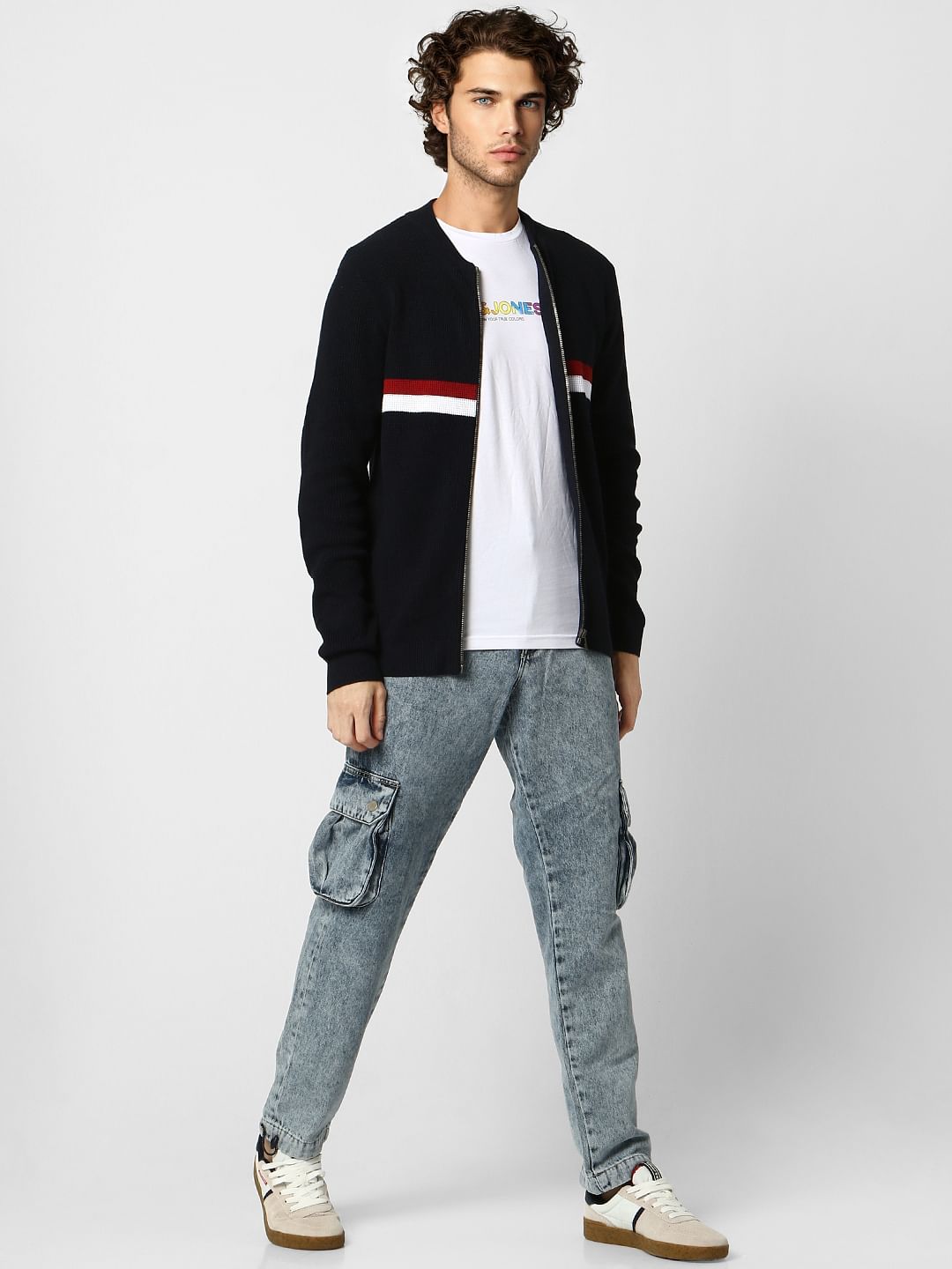Navy Blue Colourblocked Zip-Up Cardigan - S
