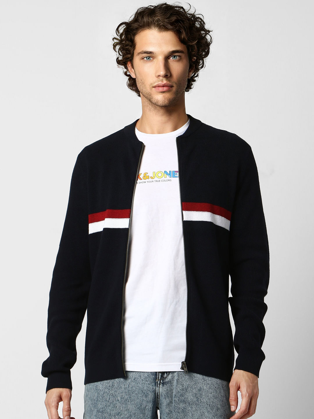 Navy Blue Colourblocked Zip-Up Cardigan