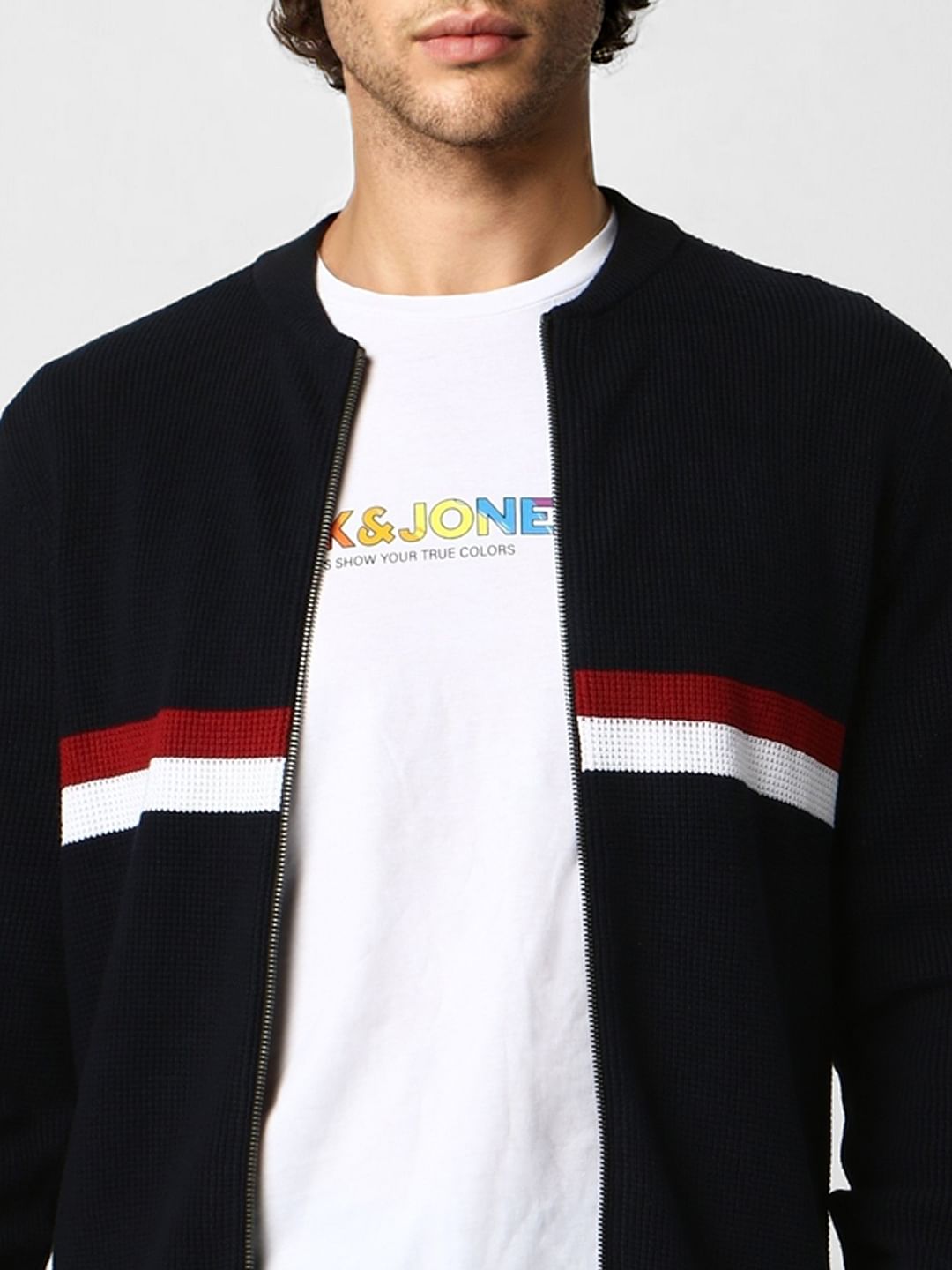 Navy Blue Colourblocked Zip-Up Cardigan