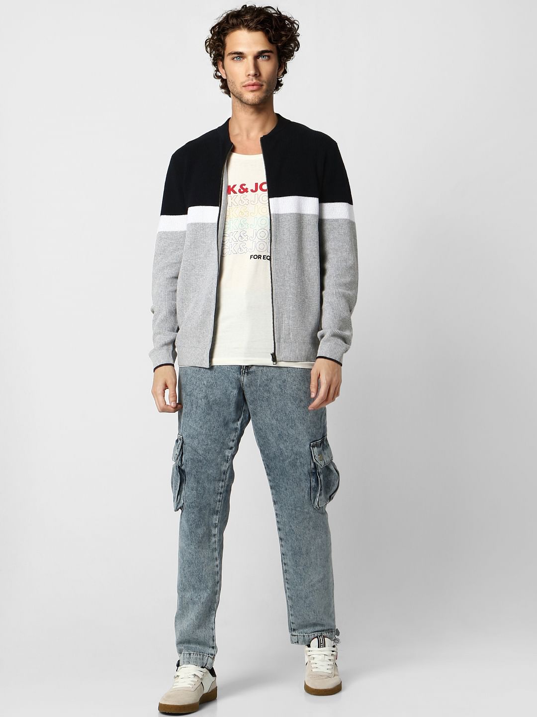 Grey Colourblocked Zip-Up Cardigan