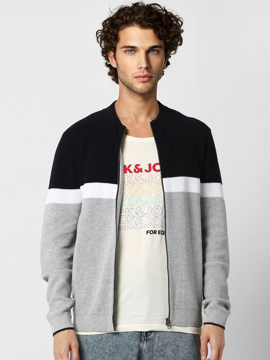 Grey Colourblocked Zip-Up Cardigan