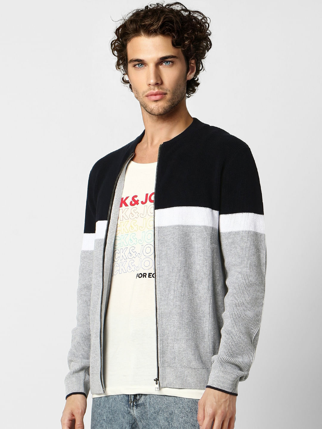 Grey Colourblocked Zip-Up Cardigan