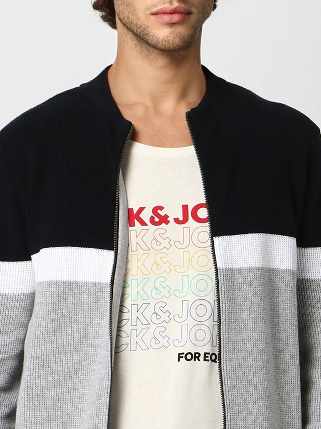 Grey Colourblocked Zip-Up Cardigan