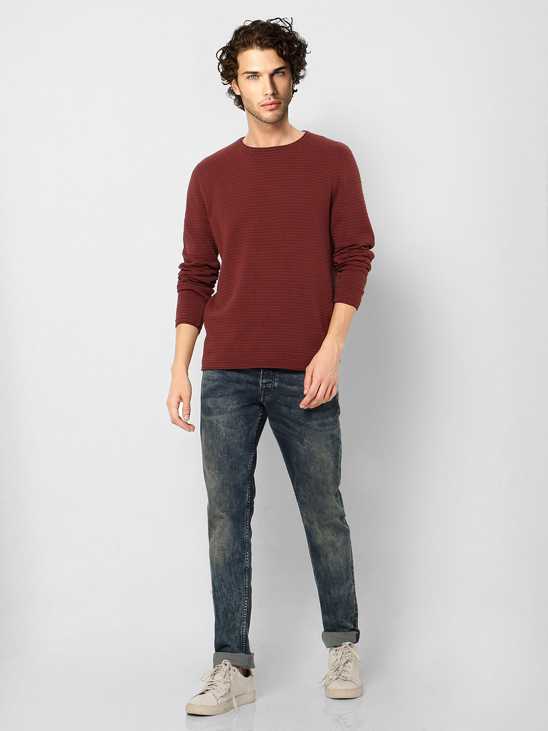 Brown Self-Design Textured Pullover - S