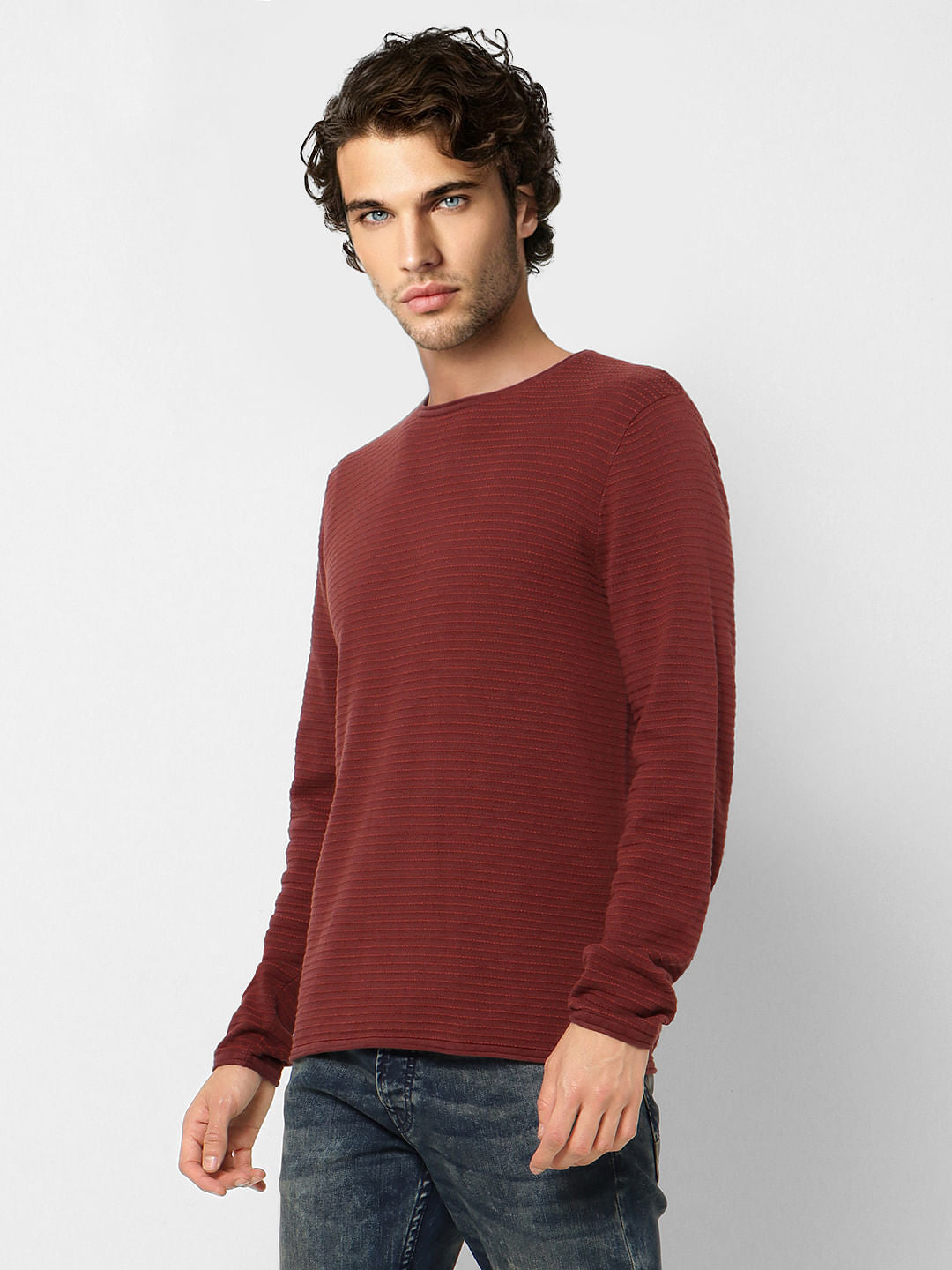 Brown Self-Design Textured Pullover