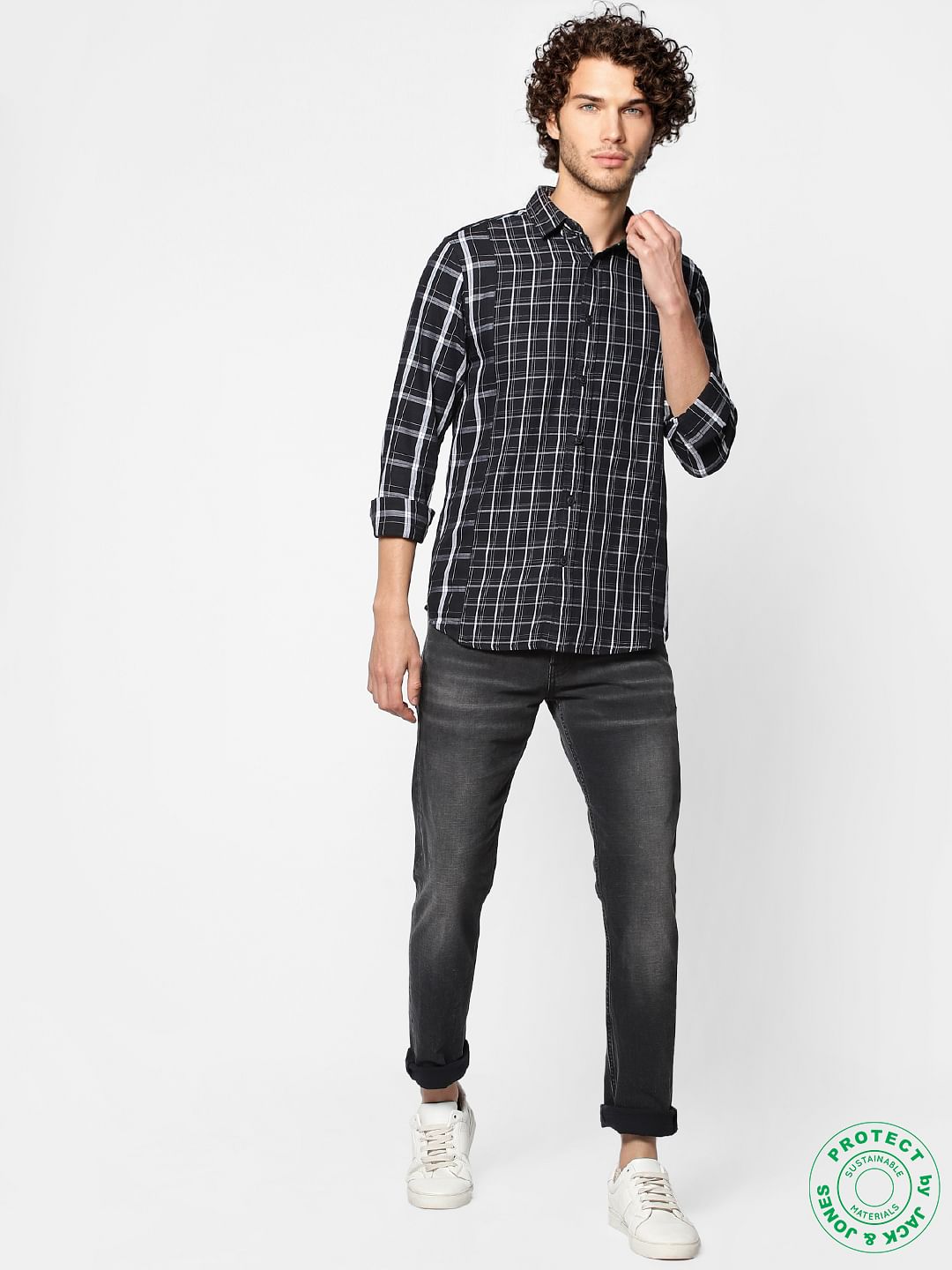 Black Full Sleeves Check Slim Fit Shirt - S