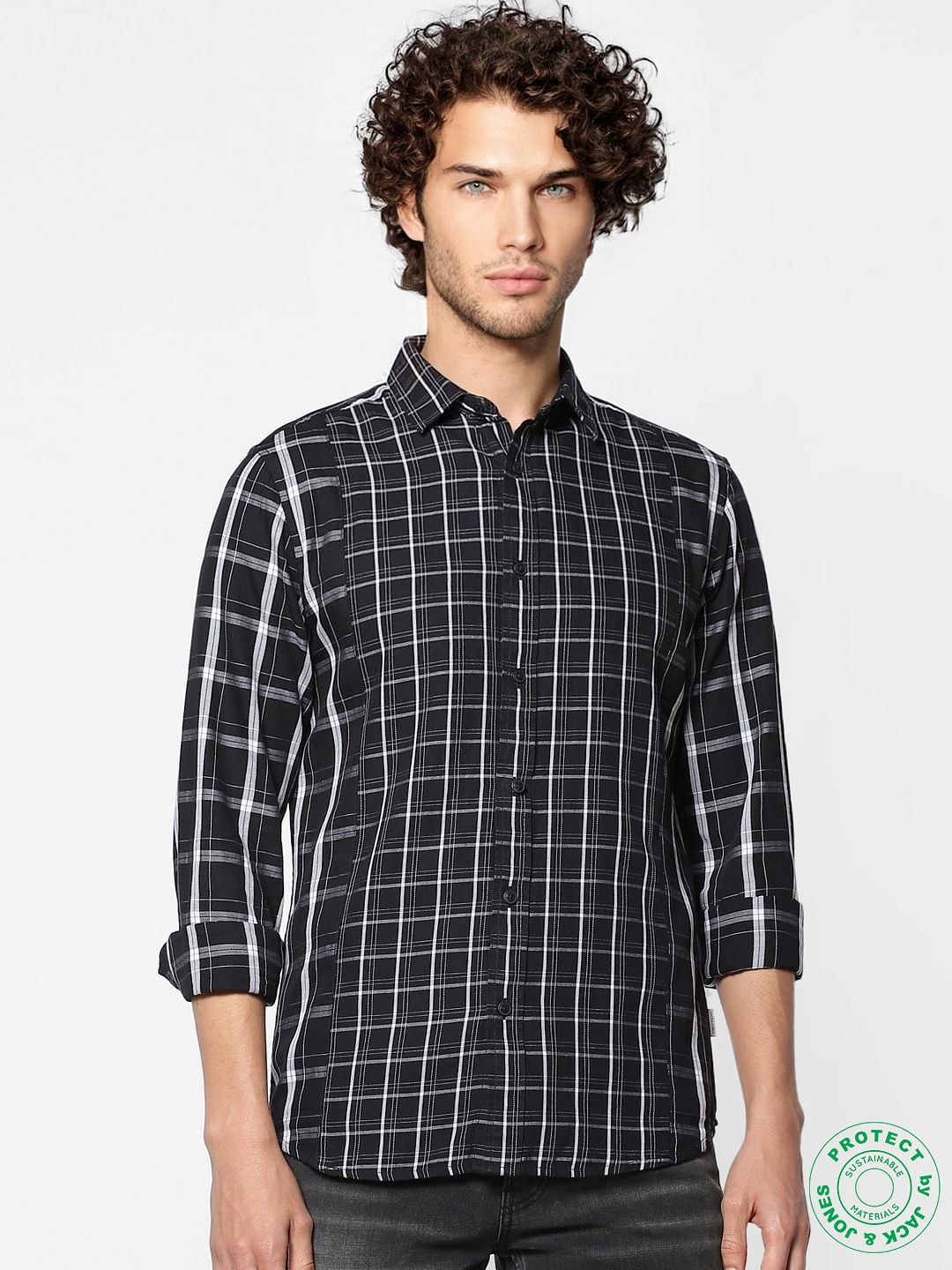 Black Full Sleeves Check Slim Fit Shirt