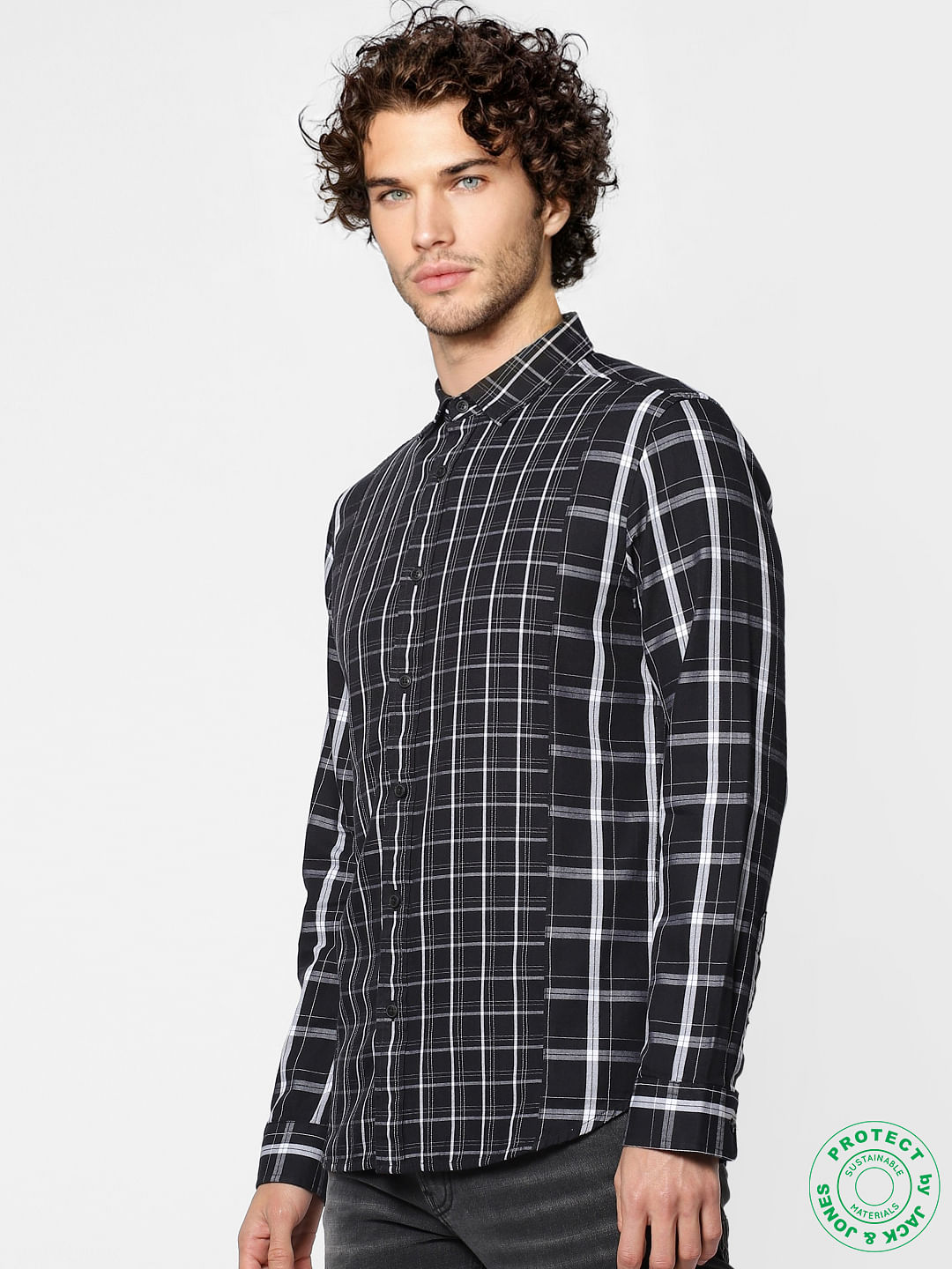 Black Full Sleeves Check Slim Fit Shirt