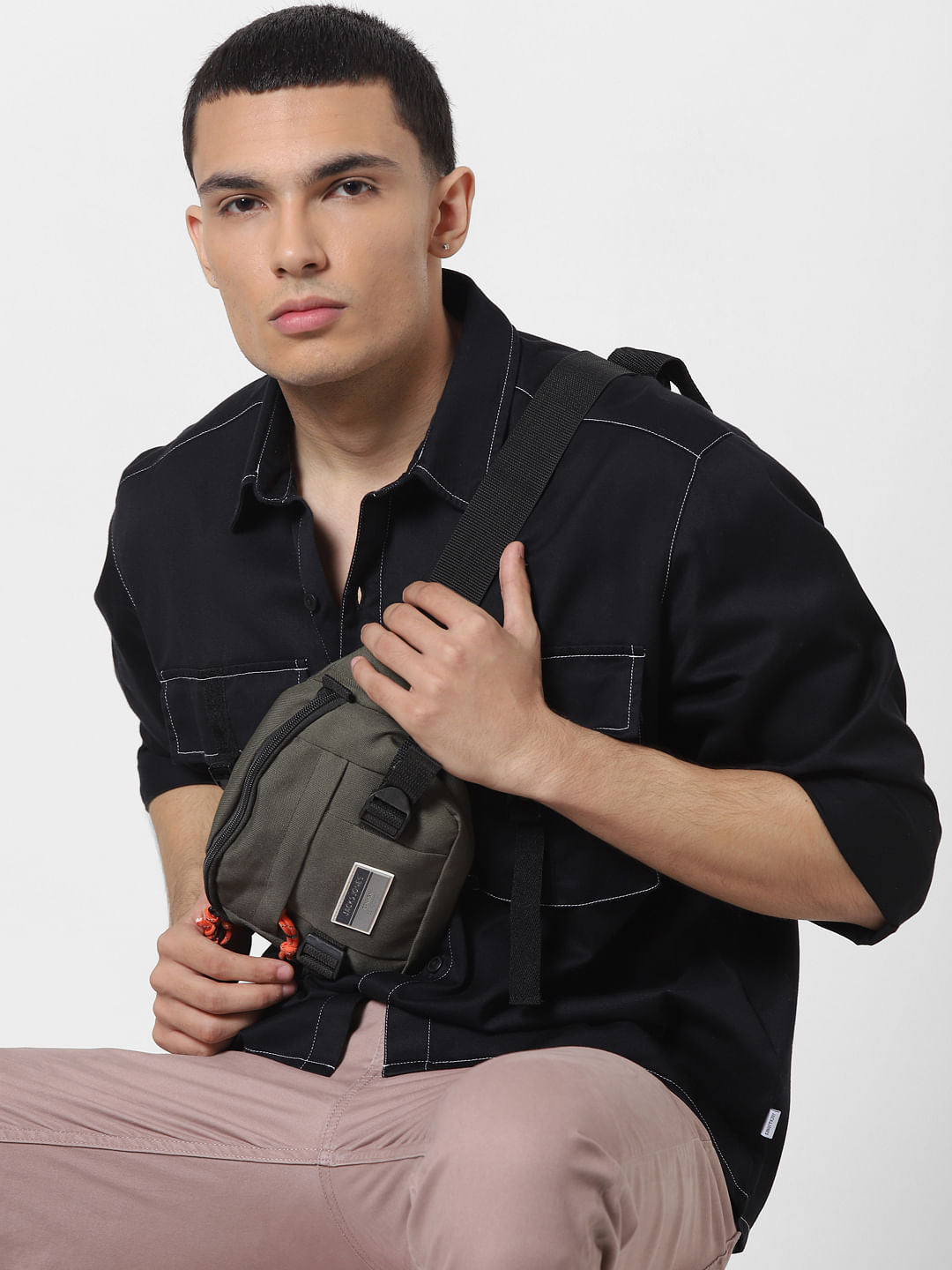 Black Overstitch Detail Full Sleeves Overshirt - S