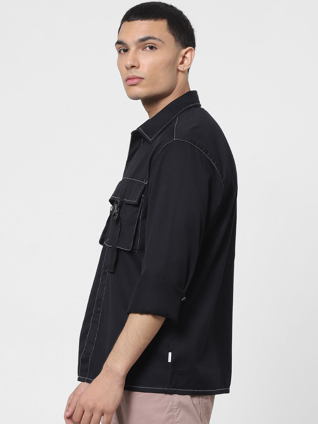 Black Overstitch Detail Full Sleeves Overshirt
