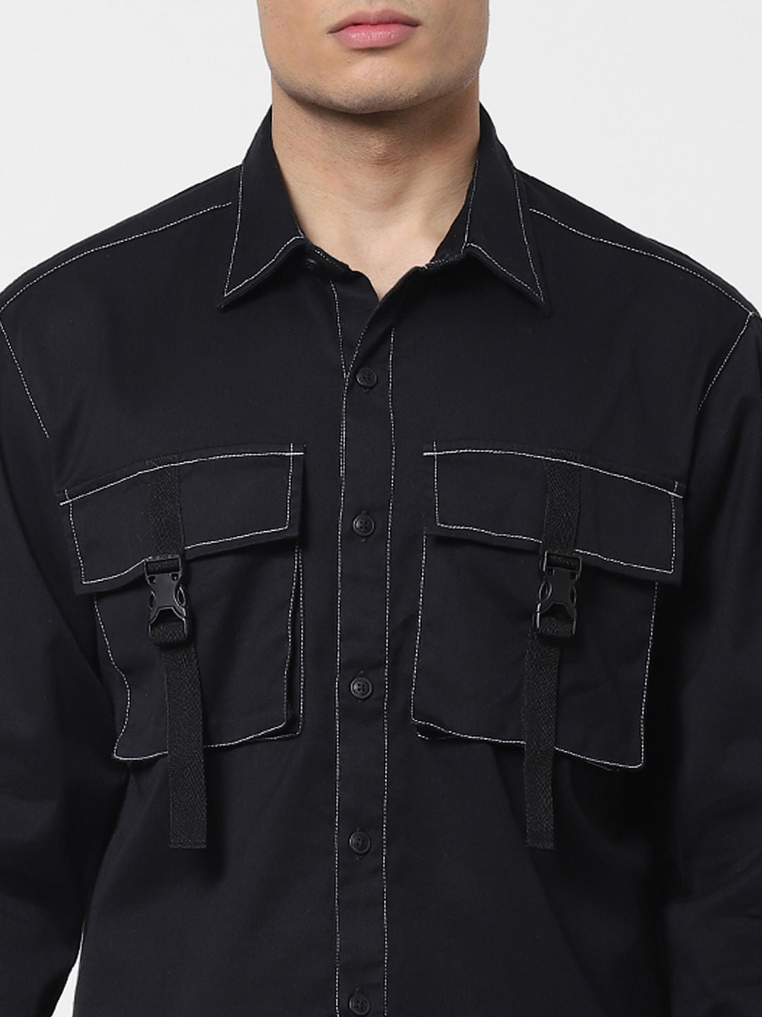 Black Overstitch Detail Full Sleeves Overshirt