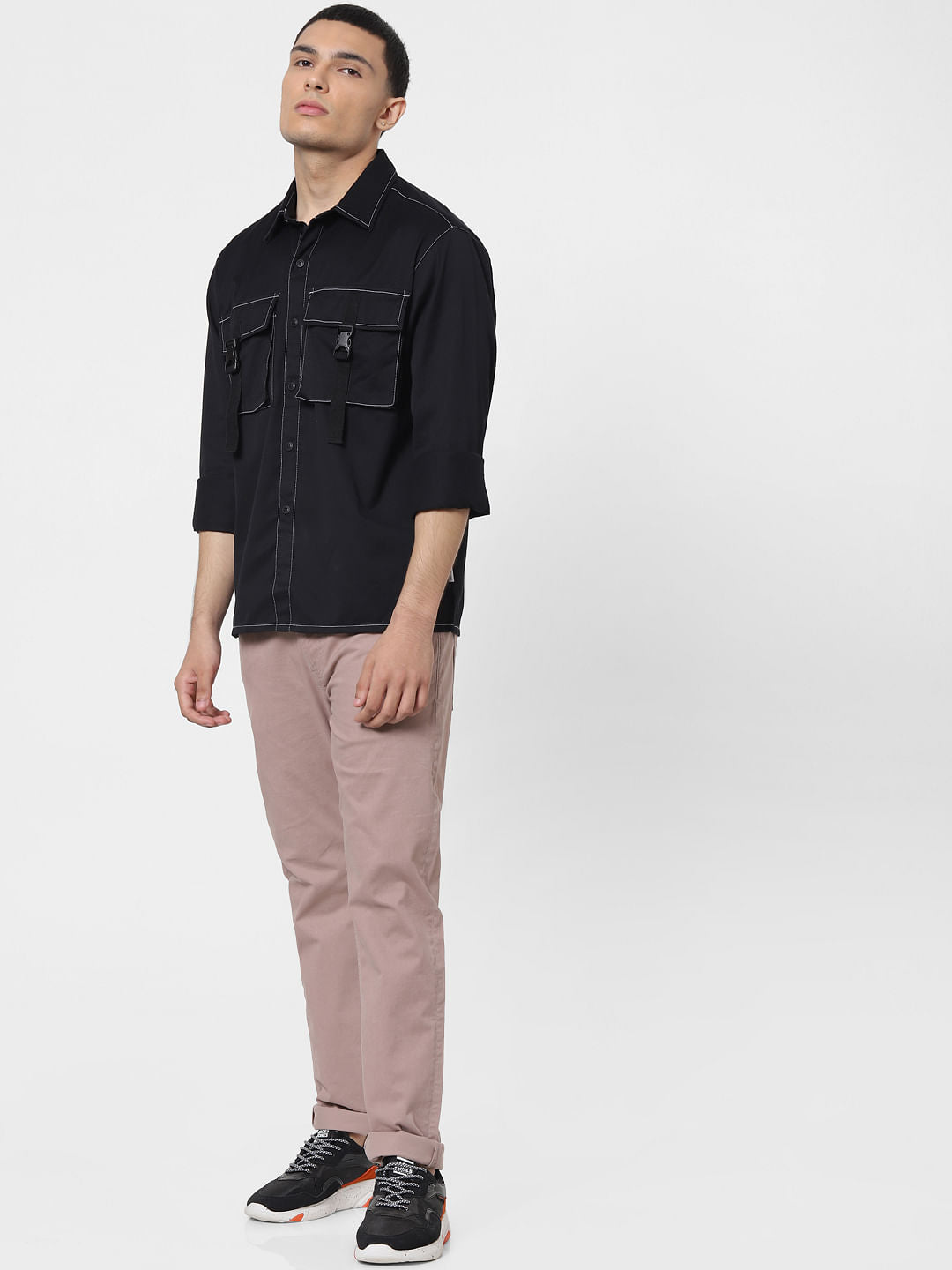 Black Overstitch Detail Full Sleeves Overshirt
