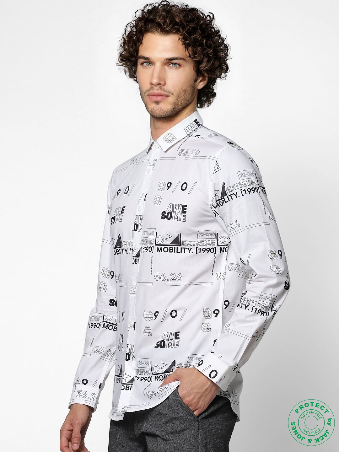 White Full Sleeves All Over Print Slim Fit Shirt