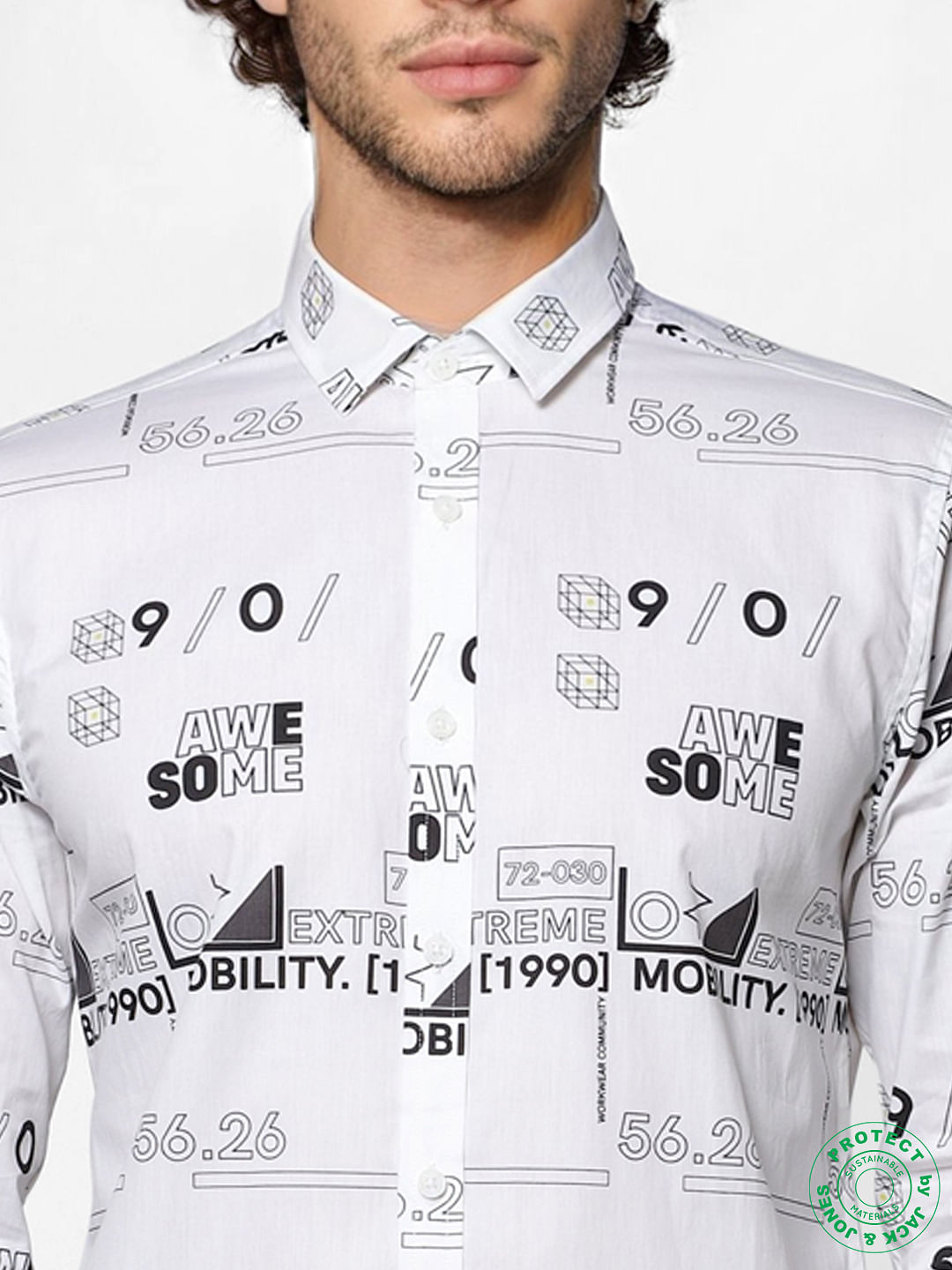 White Full Sleeves All Over Print Slim Fit Shirt