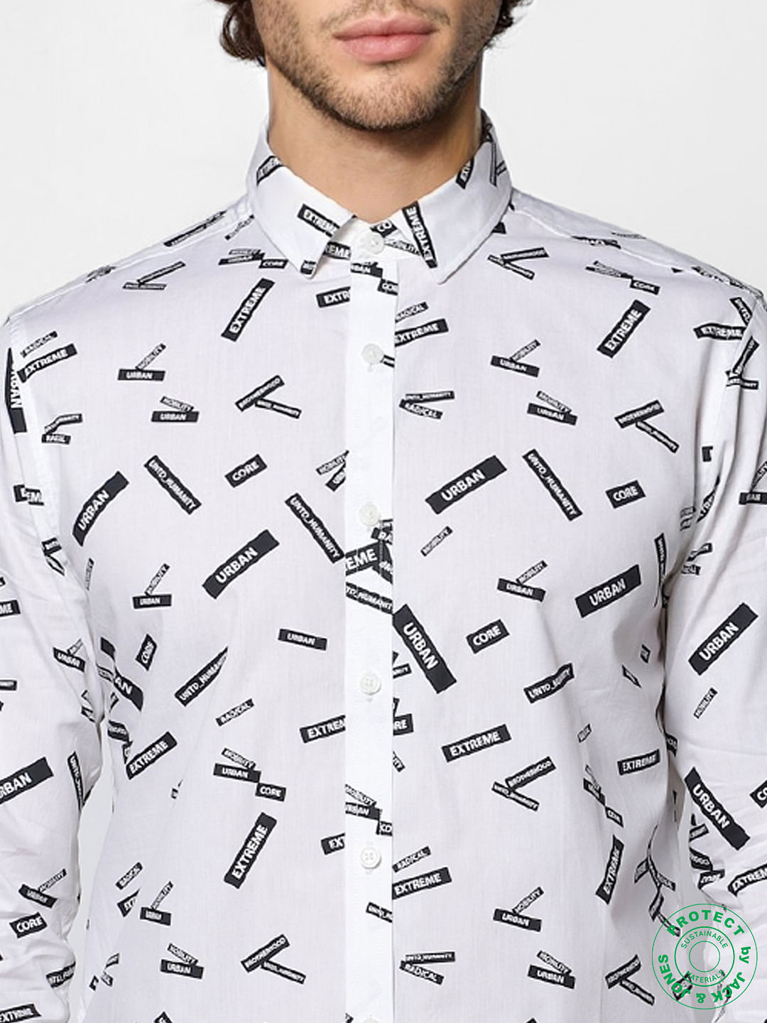 White Full Sleeves All Over Text Print Slim Fit Shirt