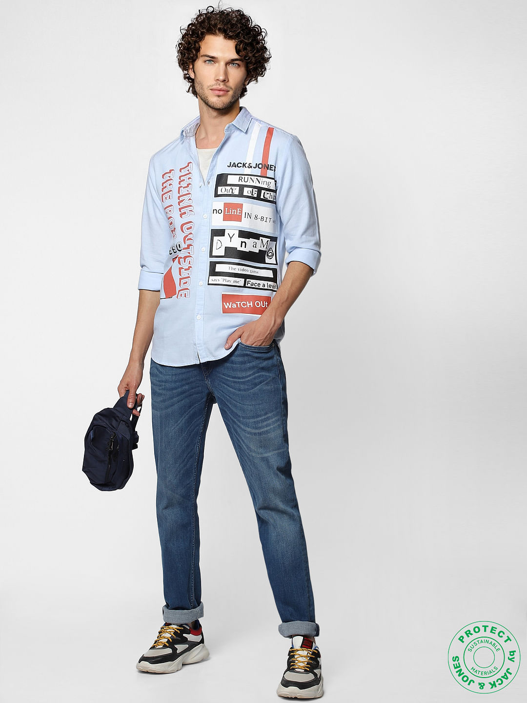 Cashmere Blue Full Sleeves Placement Print Shirt - S