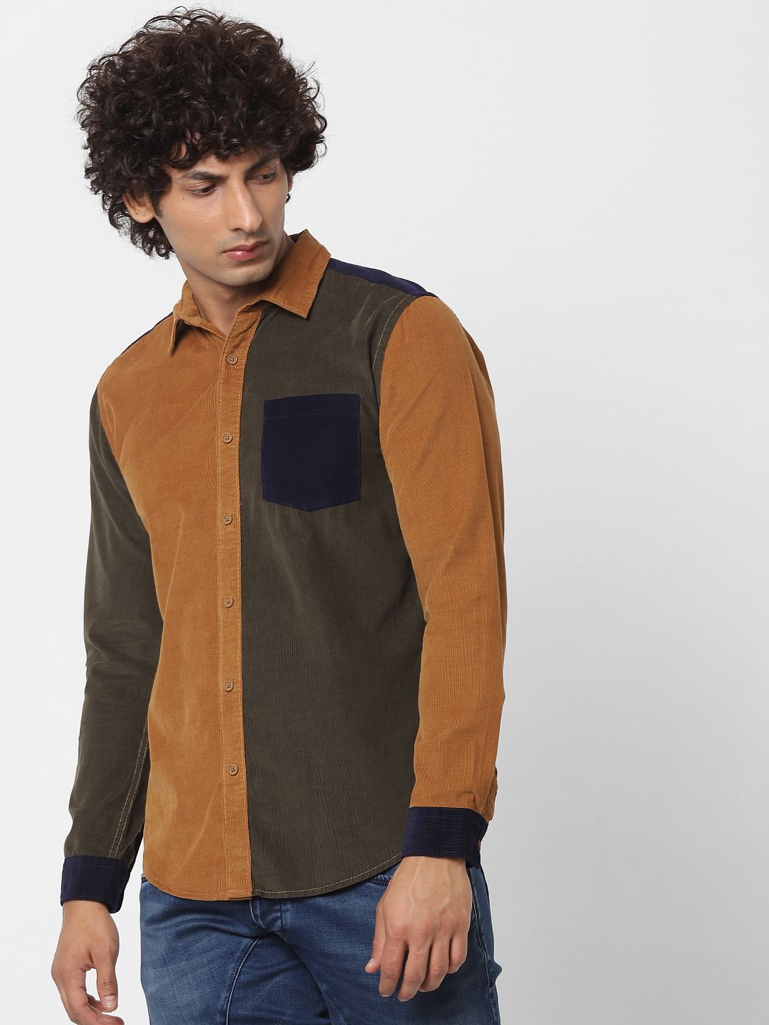 Dark Green Colourblocked Corduroy Shirt